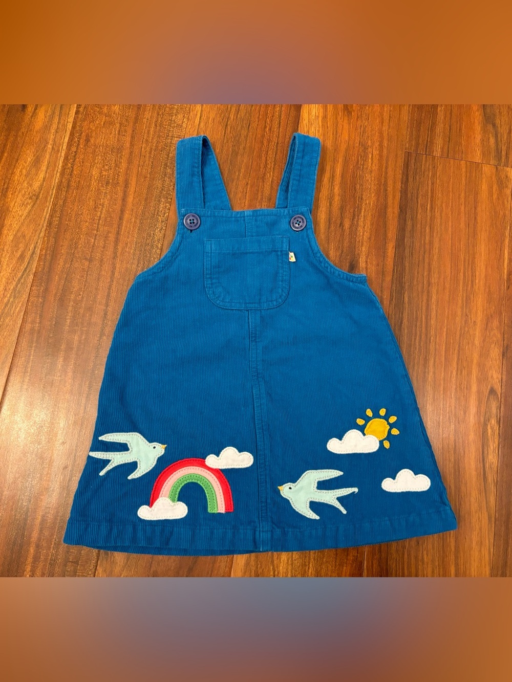 Frugi Blue Corduroy rainbow Bird Overall Dress